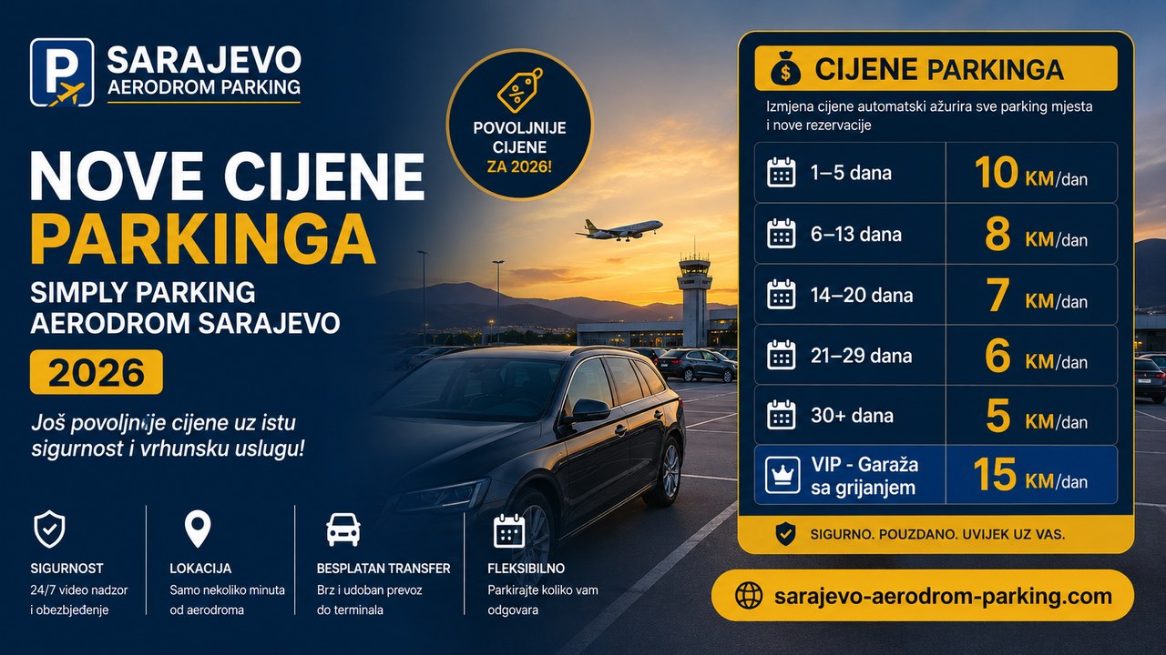 Nove cijene parkinga – Simply Parking aerodrom Sarajevo 2026